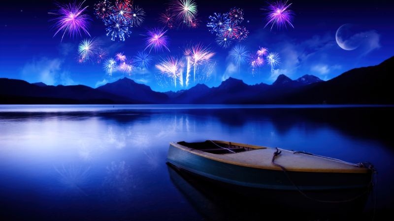 New Year, Fireworks, Lake, Reflections, Night, Boat, Blue, Mountains, Crescent Moon, New Year celebrations, Wallpaper