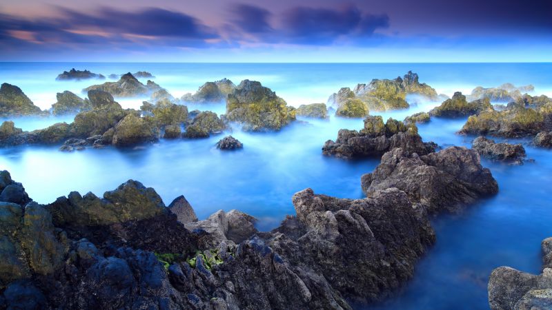 Rocky shore, Porto Moniz, Aesthetic, Fog, Long exposure, Blue, Rocks, Portugal, Landscape, Seascape, Wallpaper