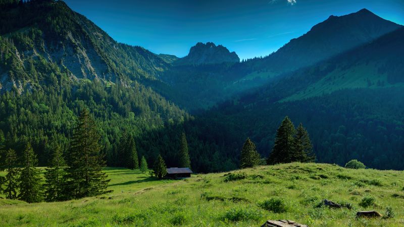 Bavarian Alps, Mountains, Sunny day, Landscape, Countryside, House, Blue Sky, Scenery, Germany, Wallpaper