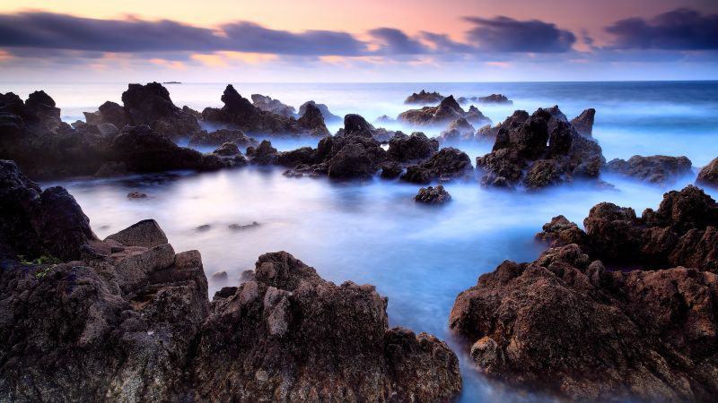 Rocky shore, Seascape, Ocean, Fog, Long exposure, Portugal, Rocks, Wallpaper