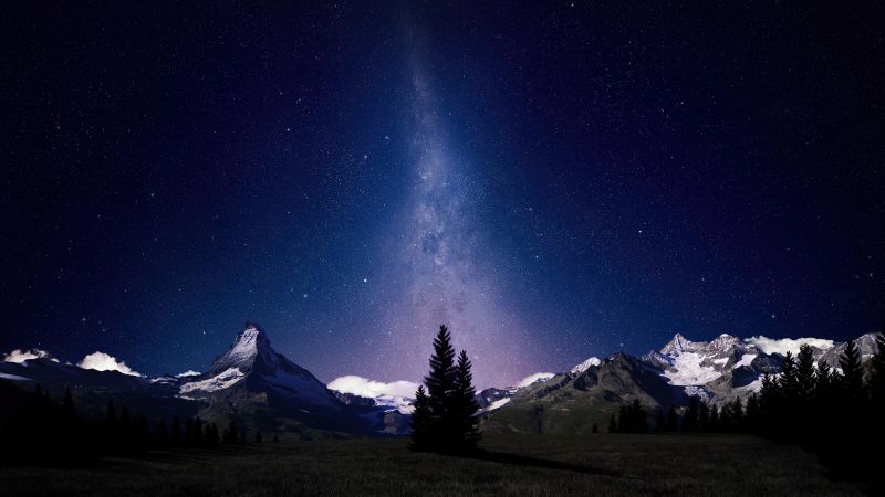 Milky Way, Night sky, Alps mountains, Swiss Alps, Digital composition, Dark, Wallpaper