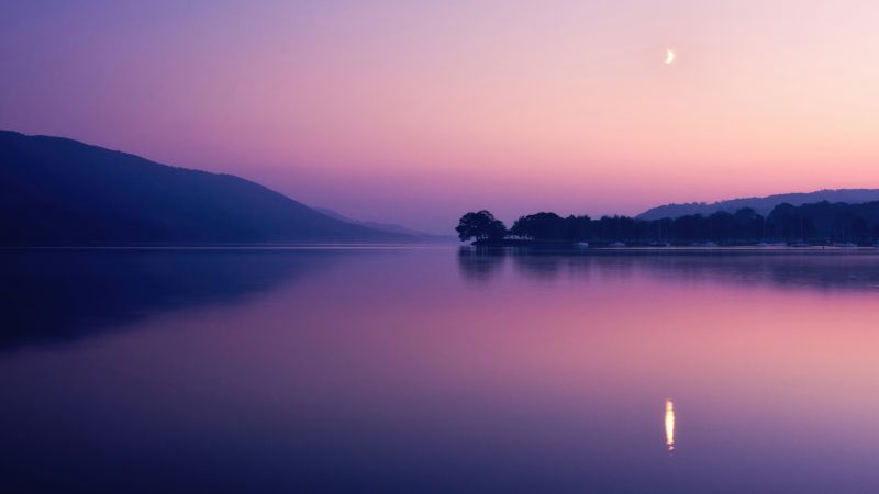 Coniston Water, Lake, Sunset, Evening, Twilight, Dusk, Purple sky, Reflection, Landscape, Crescent Moon, Wallpaper