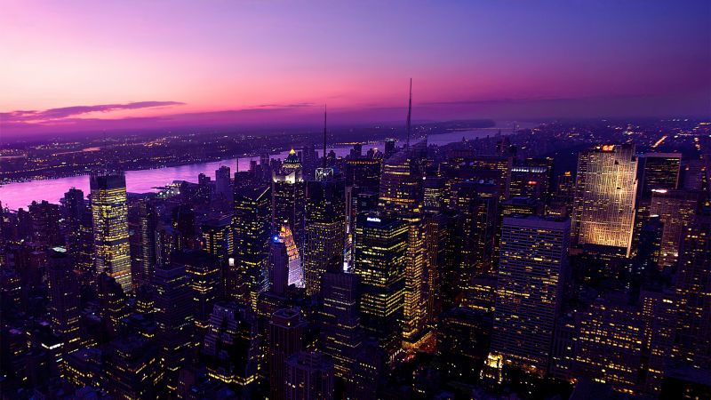 New York City, Aesthetic, Twilight, Evening, City lights, Dark, Night, Pink sky, Cityscape, Skyline, Buildings, Skyscrapers, Urban, Metropolitan, Purple