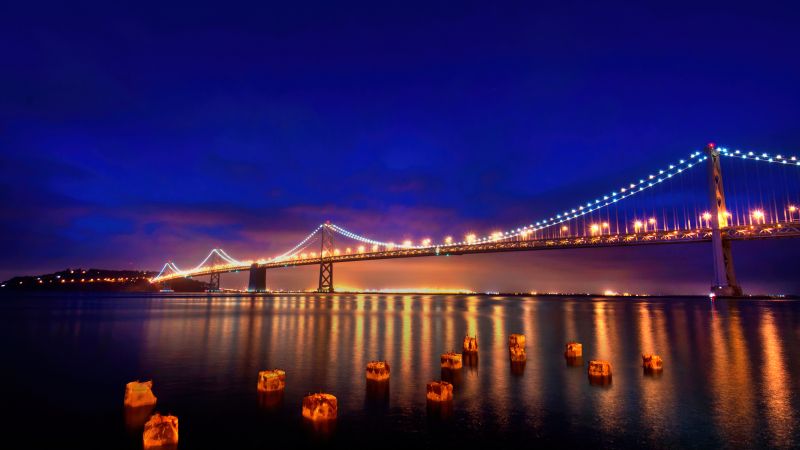 San Francisco-Oakland Bay Bridge, Night, Reflections, Blue hour, Cold, Lights, Bay Bridge, California, Wallpaper