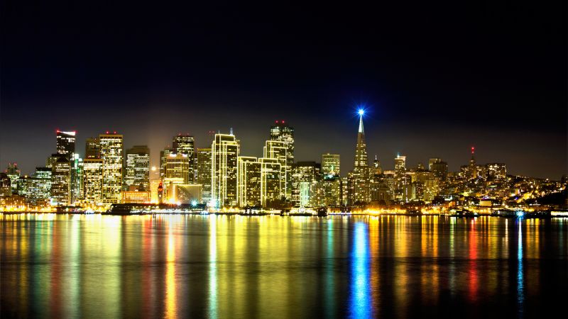 Treasure Island, San Francisco, Night, City lights, Urban, Reflections, Night City, Skyline, Cityscape, Wallpaper