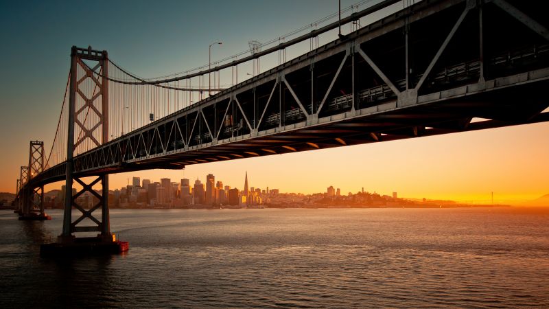 San Francisco-Oakland Bay Bridge, Downtown, San Francisco, Sunset, Seascape, Wallpaper