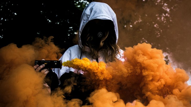 Person in Mask, Girl, Orange Smoke, Hoodie, Anonymous, Smoke Grenade, 5K, Wallpaper