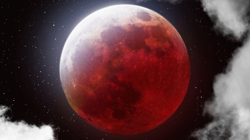 Lunar Eclipse, Blood Moon, Clouds, Stars, Cosmos, Astrophotography, 5K, 8K, Wallpaper