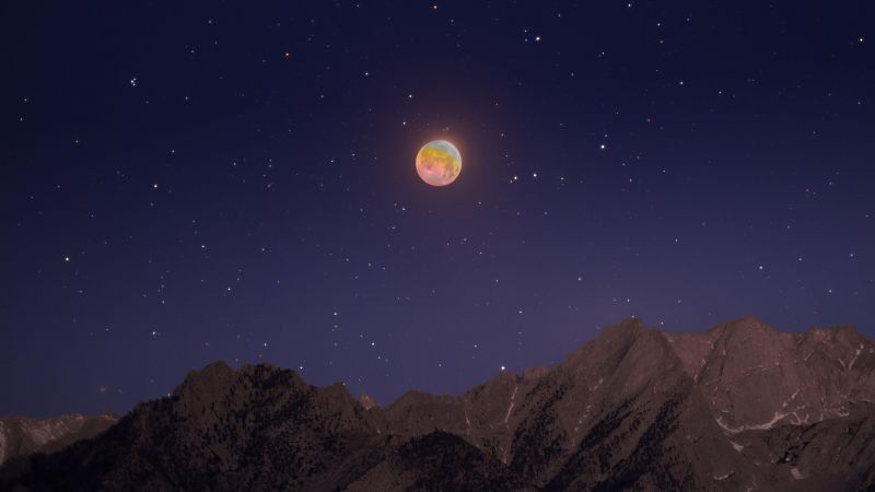 Lunar Eclipse, Mount Whitney, Mountains, Morning, Starry sky, Astrophotography, Wallpaper