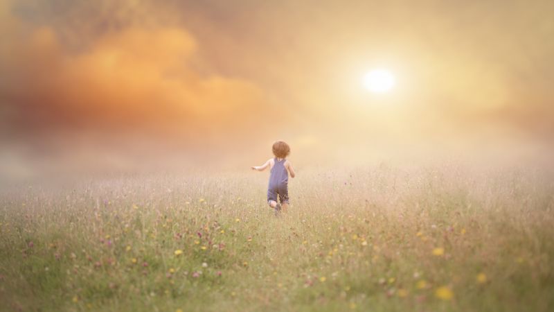 Cute boy child running playing fog fun summer meadow 5k 