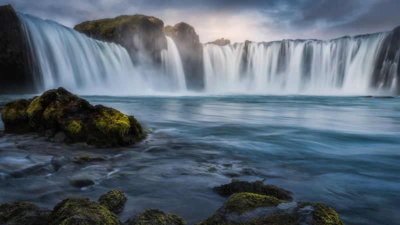 Godafoss waterfall, Iceland, Sunrise, Morning, Long exposure, 5K, 8K, Wallpaper