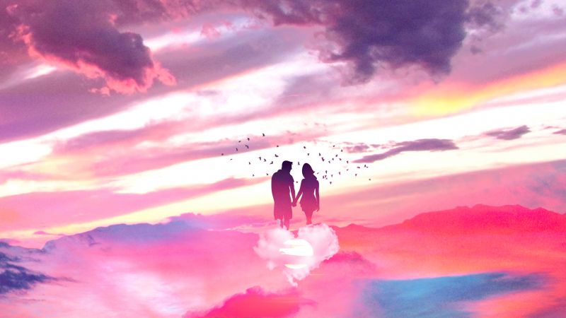 Couple, Lovers, Above clouds, Surreal, Dream, Romantic, Together, Pink, 5K, Wallpaper