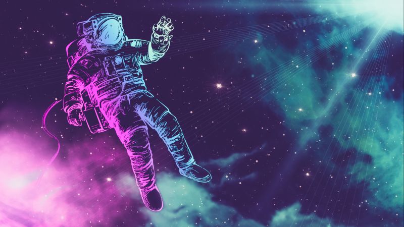 Astronaut, Space suit, Neon, Stars, Light, 5K, Wallpaper