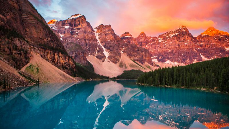 Moraine Lake, Rocky Mountains, Banff National Park, Landscape, Reflection, Scenery, Alberta, Canada, Sunset, Evening sky, 5K, Wallpaper
