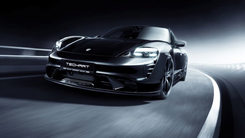 TechArt Porsche Taycan Aerokit, Carbon Fiber, Black cars, Dark background, 2021, Wallpaper