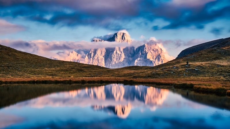 Lago delle Baste, Lake, Mountains, Landscape, Reflection, Italy, Clouds, Panorama, 5K, Wallpaper