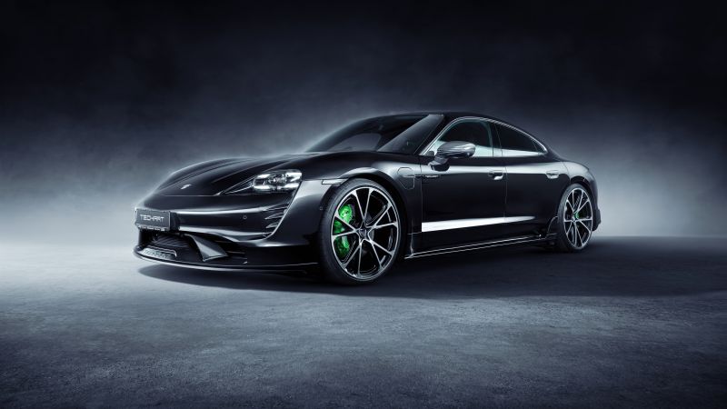 TechArt Porsche Taycan Aerokit, Black cars, Dark background, 2021, Wallpaper