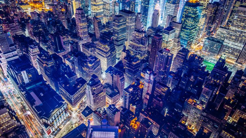 New York City, Aerial view, 5K, United States, Night City, City lights, Cityscape, Skyscrapers, Wallpaper