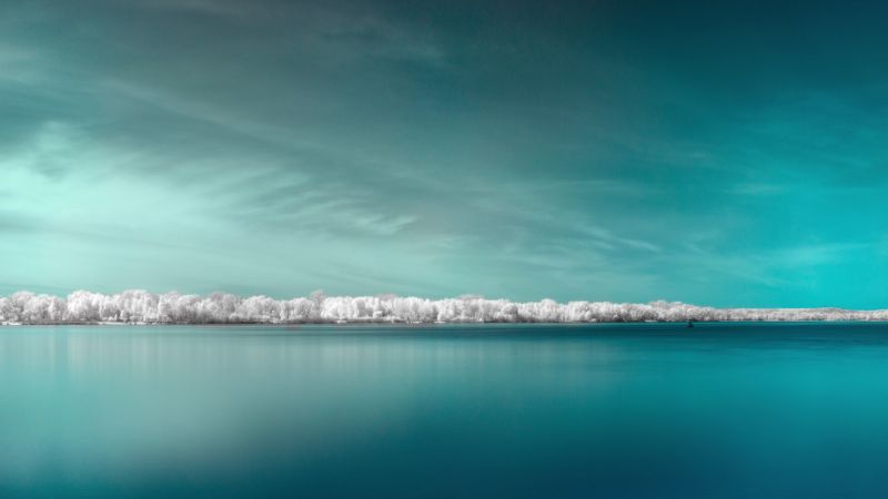 Infrared vision, Panorama, Surreal, Body of Water, Coast, Blue background, 5K, 8K, Wallpaper