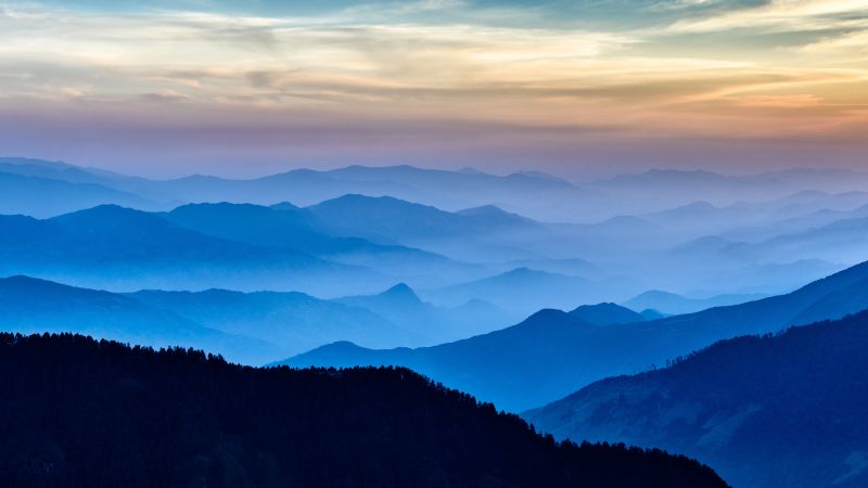 Silhouette Mountain, Foggy, Langtang National Park, Aerial view, Panoramic, Mountain range, Landscape, Sunset, 5K, 8K, Wallpaper