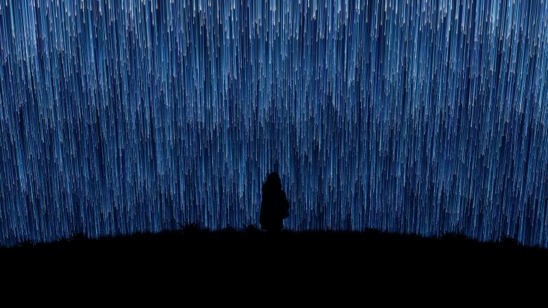 Alone, Lonely, Loneliness, Falling stars, Star Trails, Night, Silhouette, Girl, Wallpaper