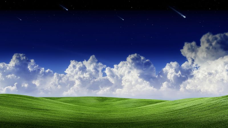 Landscape, Clouds, Falling stars, Blue Sky, Scenery, Green Grass, Starry sky, Summer, Scenic, Panorama, 5K, 8K, Wallpaper