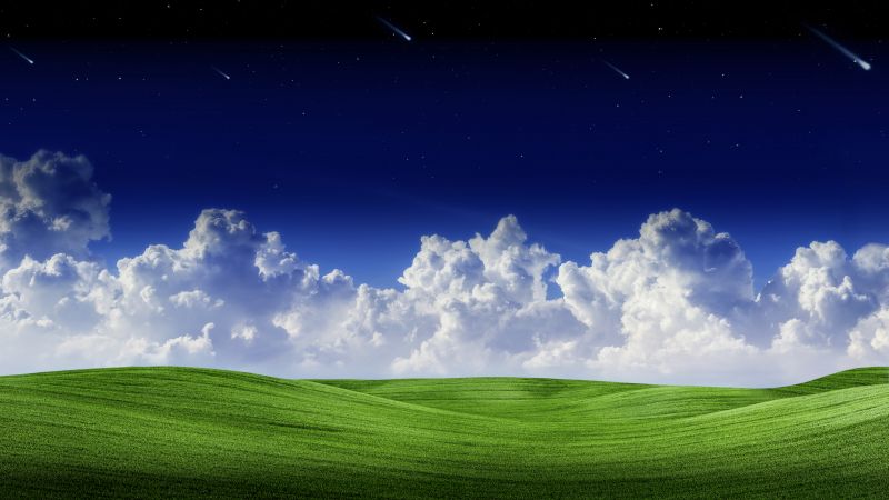 Landscape, Clouds, Green Grass, Starry sky, Falling stars, Blue Sky, Scenery, Summer, Scenic, Panorama, 5K, 8K, Wallpaper