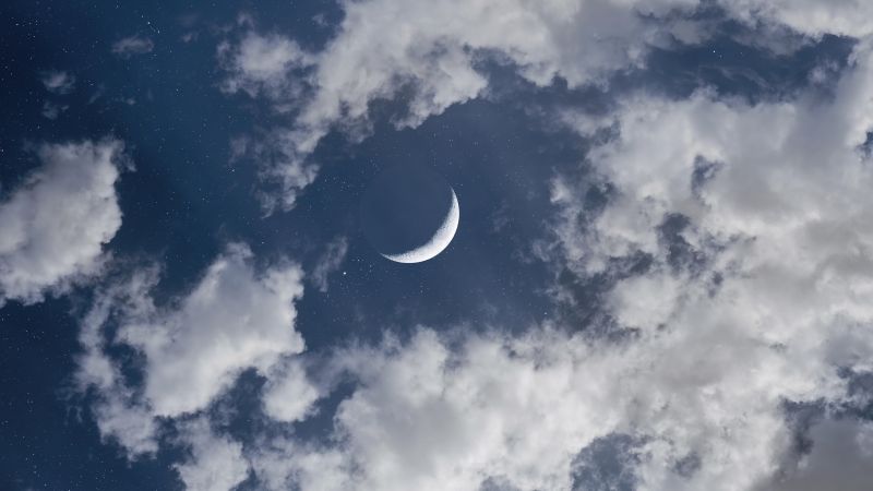 Crescent Moon, Half moon, Clouds, Blue Sky, Cosmos, Stars, 5K, 8K, Wallpaper