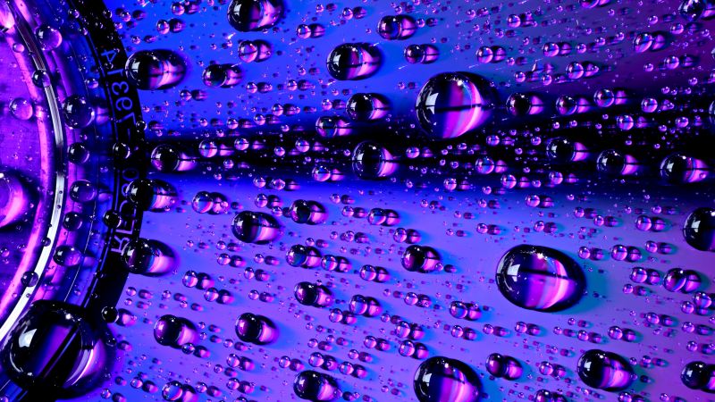 Water droplets, Macro, Purple light, Closeup, CD, Vivid, Bright, 5K, Wallpaper