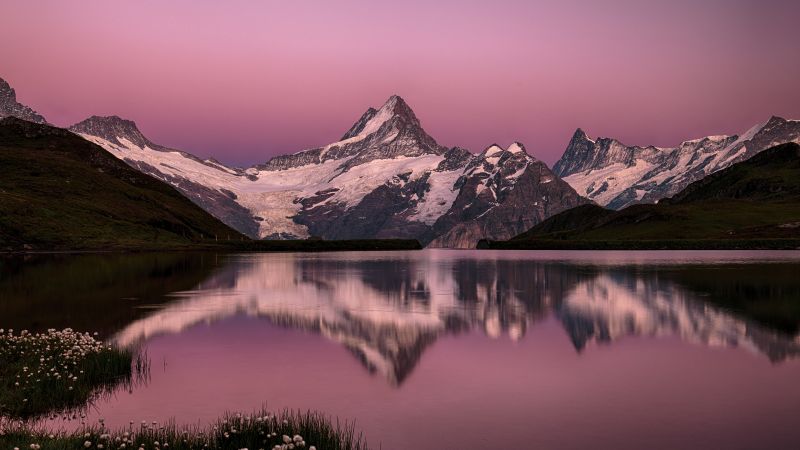 Bachalpsee Lake, Switzerland, Swiss Alps, Pink sky, Snow covered, Mountain View, Reflection, Sunset, Dusk, 5K, 8K, Wallpaper