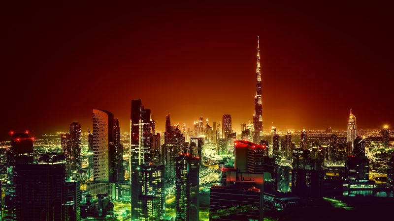 Burj Khalifa, Dubai, United Arab Emirates, City Skyline, Cityscape, Night lights, Skyscrapers, Aerial view, Wallpaper