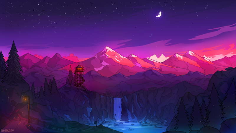 Glacier mountains, Waterfall, Watch Tower, Moon, Night time, Starry sky, Snow covered, Digital Art, Purple, Landscape, Scenery, Wallpaper