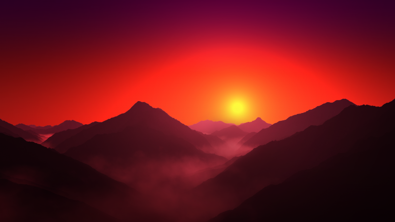 Mountain range, Silhouette, Sunrise, Orange sky, Foggy, Landscape, Scenery, Wallpaper