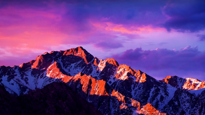 macOS Sierra, Glacier mountains, Snow covered, Alpenglow, Cloudy Sky, Sunlight, Dusk, Landscape, Scenery, 5K, Wallpaper