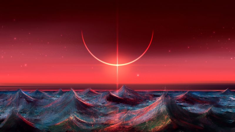 Ocean, Speed paint, Digital Art, Eclipse, Red background, Waves, Pattern, Wallpaper
