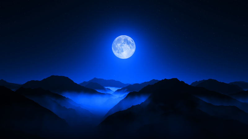 Twilight moon valley mountain range night sky foggy 