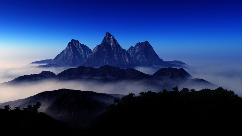 Mountain Peaks, Foggy, Aerial view, Blue Sky, Landscape, Scenery, Wallpaper
