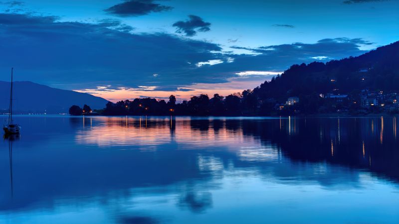 Tegernsee Lake, Bavarian Alps, Germany, Sunset, Silhouette, Reflections, Blue, Body of Water, Clam, Aesthetic, Wallpaper