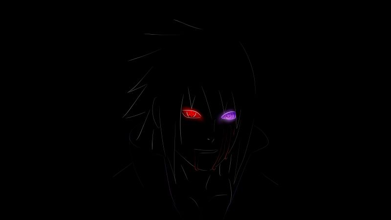 Sasuke Uchiha, Naruto, AMOLED, Black background, Minimal art, Glowing eyes, Power, Wallpaper