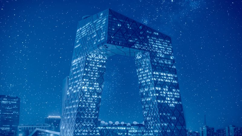 CCTV headquarters, Beijing, China, Modern architecture, Starry sky, Metropolis, Glass building, Wallpaper