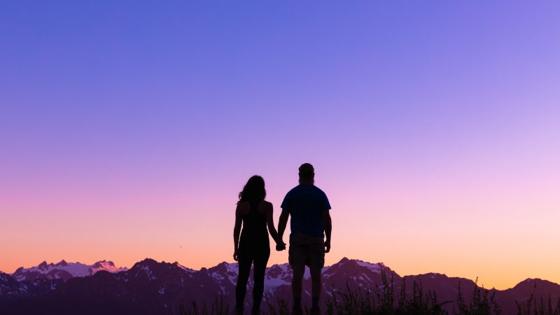 Couple silhouette, Romantic, Together, Lovers, Hands together, Sunrise, Glacier mountains, Clear sky, Outdoor, 5K, Wallpaper