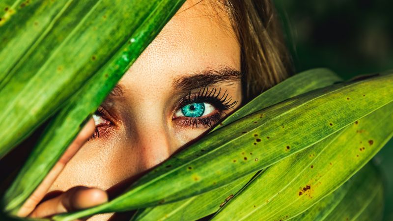 Blue eyes green leaves woman face macro peek 5k 