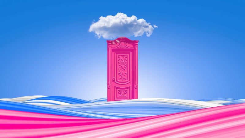 Pink door, Clouds, Waves, Colorful, Blue Sky, Bliss, Surreal, Wallpaper