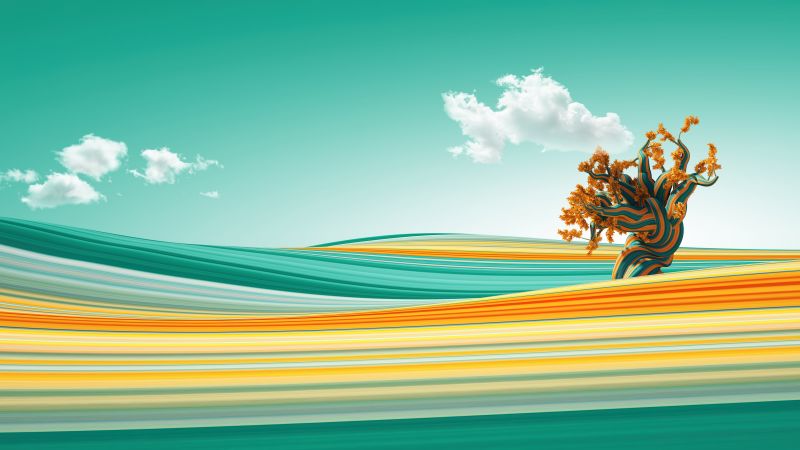 Lone tree, Clouds, Waves, Colorful, Bliss, Surreal, Wallpaper