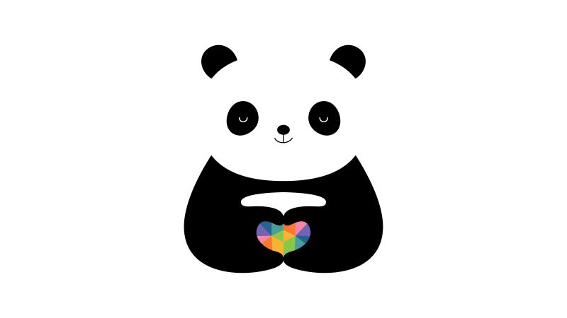 Cute panda, Love heart, Colorful hearts, White background, Minimal, Happy, Cartoon, Wallpaper
