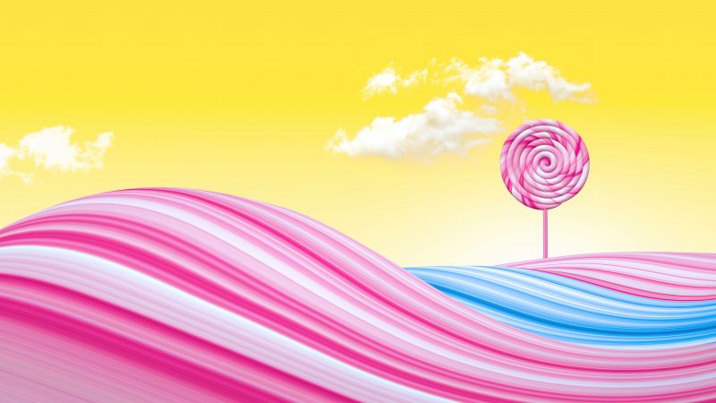 Lollipop, Pink, Yellow background, Yellow sky, Clouds, Waves, Colorful, Bliss, Surreal, Girly, Wallpaper