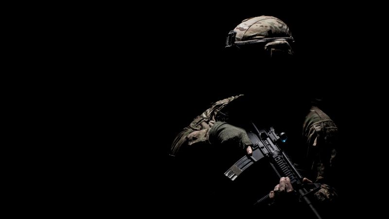 Soldier, Military, Machine gun, War, Silhouette, Black background, 5K, Wallpaper