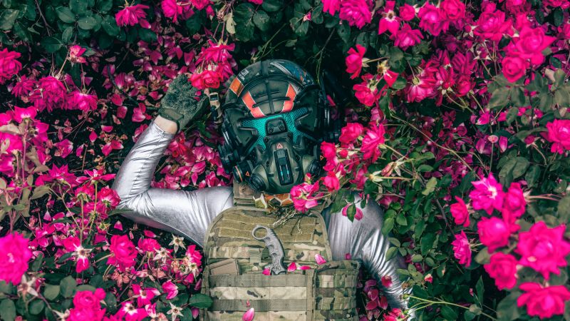 Suit, Mask, Armor, Extinction, Flowers, Floral, Lying down, Aerial view, 5K, Wallpaper