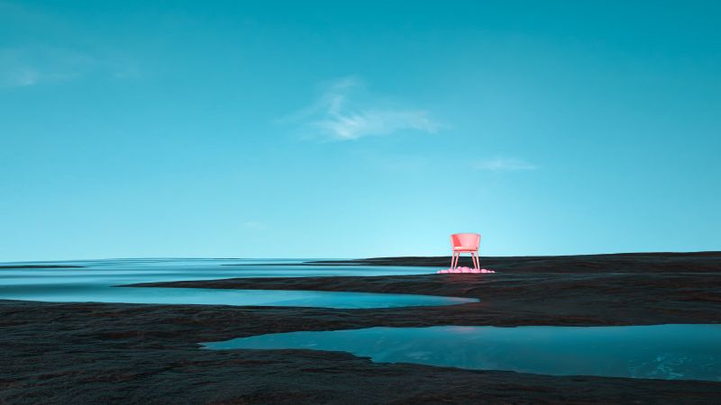 Chair, Dream, Turquoise, Clear sky, Scenic, Surreal, Pink, Minimal, Wallpaper