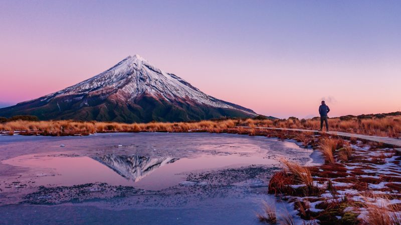 Mount Taranaki, New Zealand, Snow covered, Frozen lake, Reflection, Mountain Peak, Landscape, Scenery, Clear sky, Dusk, 5K, Wallpaper